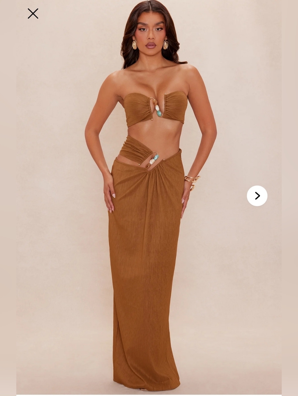 Fashion Nova Womens Luxe Two-Piece Strapless Cutout Maxi Set in Brown